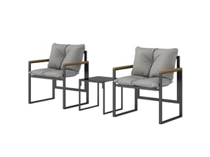 Salon de jardin 3 pièces 2 places avec 2 fauteuils 1 table basse, plateau en verre trempé et coussins, gris