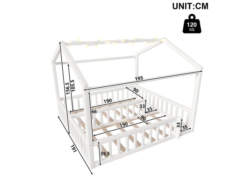 Lit cabane plat 90x190 cm ou 180x190 cm avec barrières maison pin blanc sans matelas led style minimaliste - Conforama C