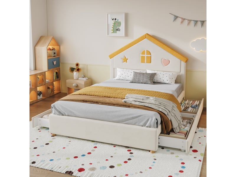 Lit enfant rembourré 140x200 cm, tête de lit maison, 4 tiroirs de rangement, velours français, contreplaqué, beige OMNIGLINT TRADING LTD - Conforama D