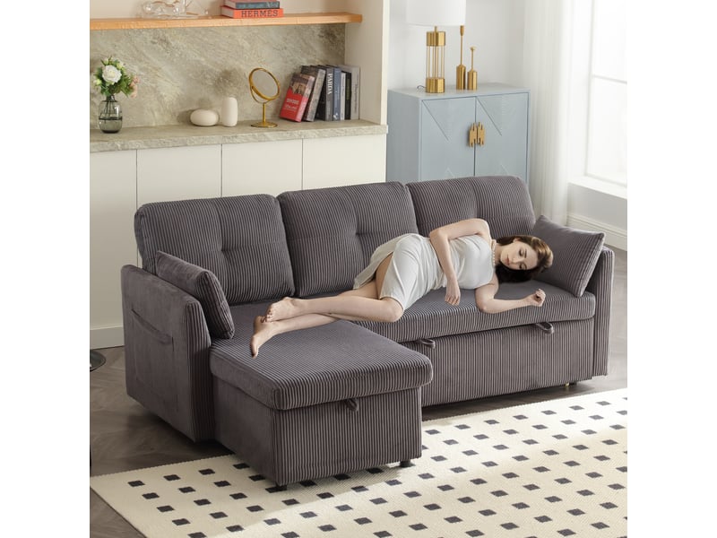  Canapé modulable d'angle convertible avec rangement, tissu côtelé gris foncé, structure bois massif, dimensions 206x108x66 cm  - Conforama W