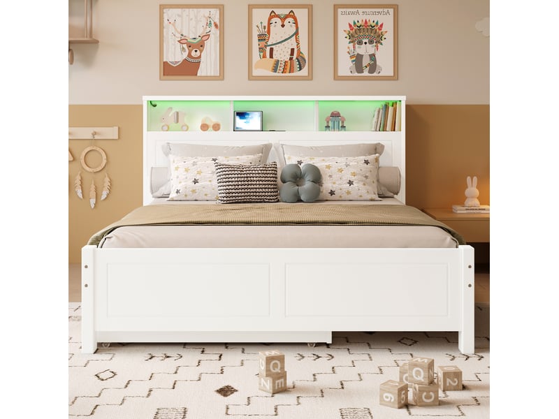  Lit 2 places 120x200 cm – blanc – lit gigogne 90x190 cm, led, prise intégrée et rangement  - Conforama B