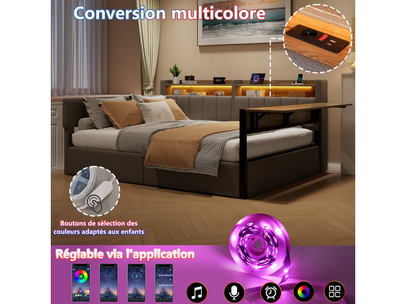  Lit coffre hydraulique 140x200 cm avec led, table rabattable et usb-c, velours gris, structure mdf, sans matelas  - Conforama D