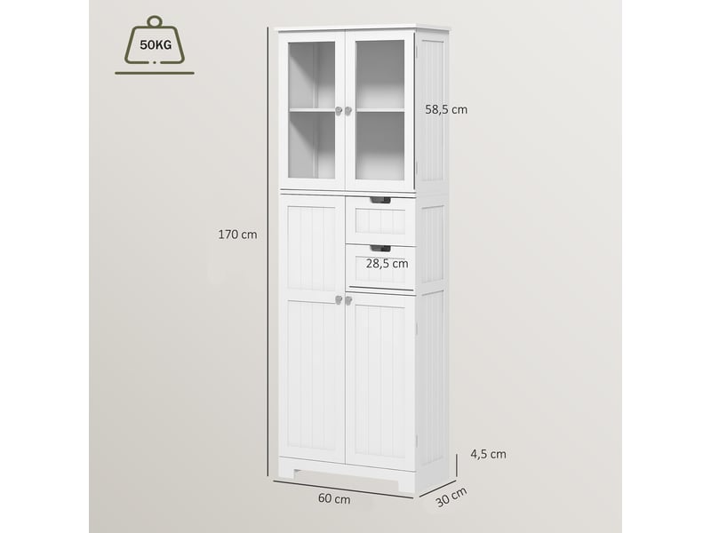  Meuble de salle de bain haut 4 portes 2 tiroirs 60x30x170cm blanc  - Conforama E
