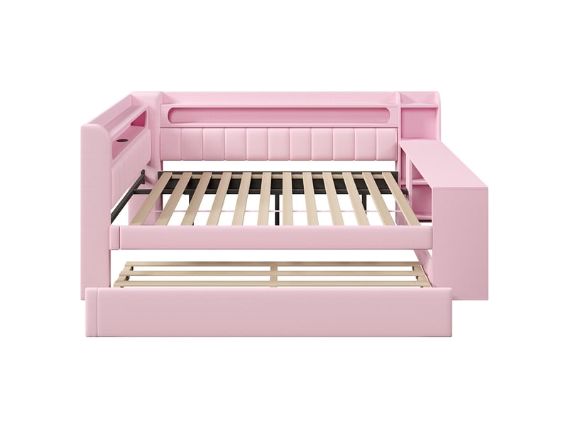  Canapé-lit rembourré 140 x 200 cm avec port usb et bande led, avec lit gigogne et bureau, tissu lin, rose  - Conforama D