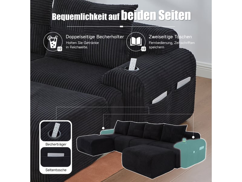  Canapé d'angle en u, canapé modulaire 4 places en velours côtelé avec 2 poufs, portes-gobelets, poche latérale, noir  - Conforama C