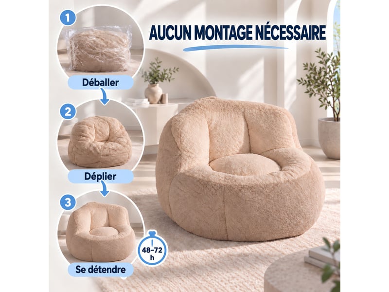  Canapé pouf géant en fausse fourrure, tissu doux respectueux de la peau, mousse déchiquetée haute résilience,brun + camel  - Conforama C