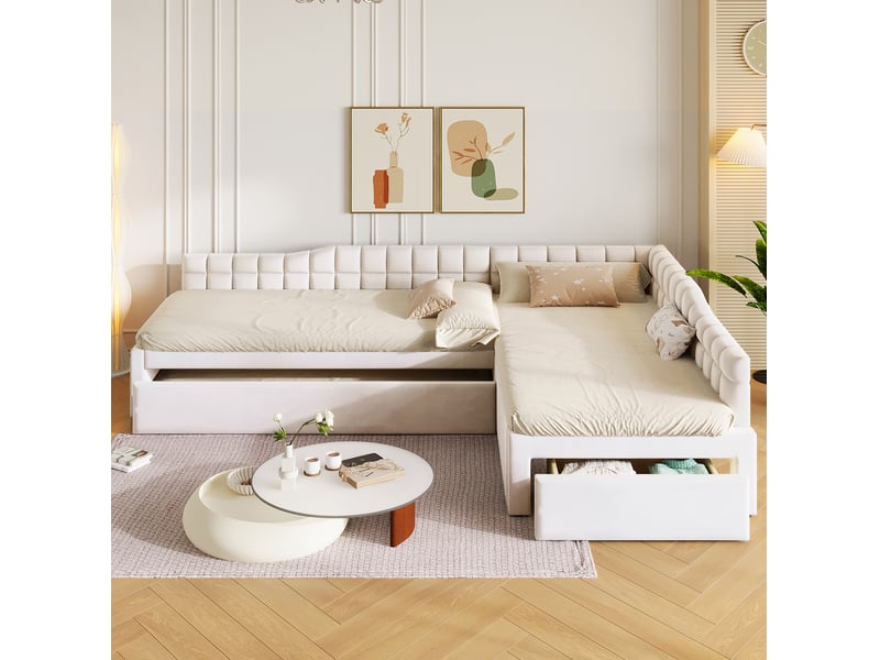 Lit l rembourré 2x90x200 cm, gigogne 90x190 cm, tiroirs gain de place, tissu flanelle douce, mdf, beige sans matelas - Conforama D