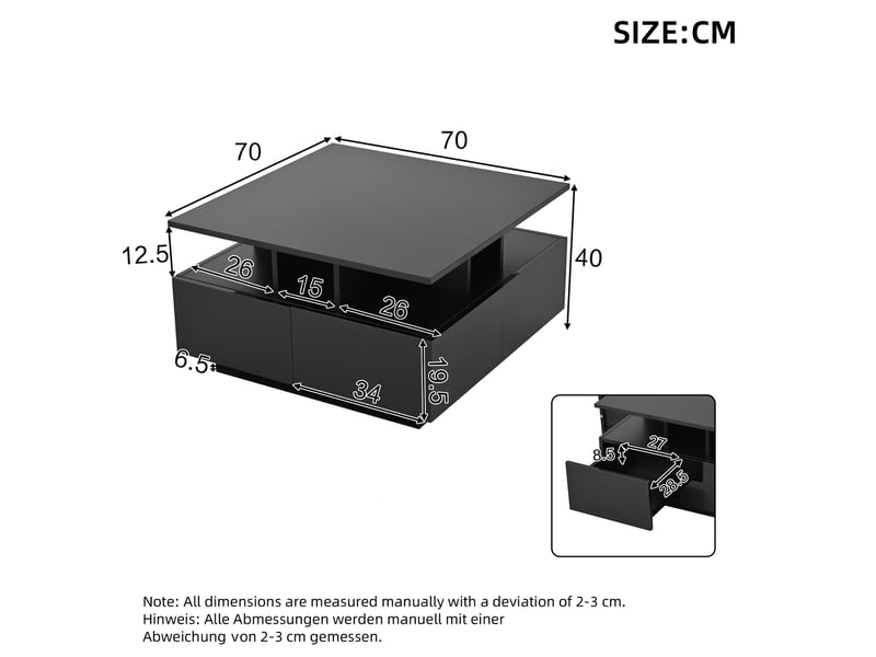  Table basse led avec 4 tiroirs et 3 niveaux de rangement, finition brillante, pour salon, 70 × 70 × 40 cm  - Conforama D