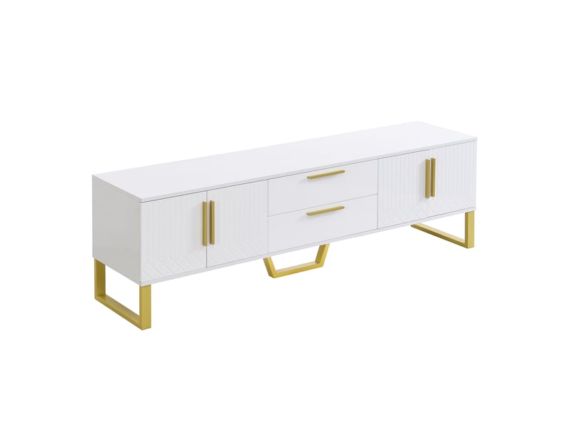  Meuble tv avec 4 portes, 2 tiroirs, étagères et passe-câbles, laqué brillant pour salon 170×40×53,5 cm en mdf blanc  - Conforama A
