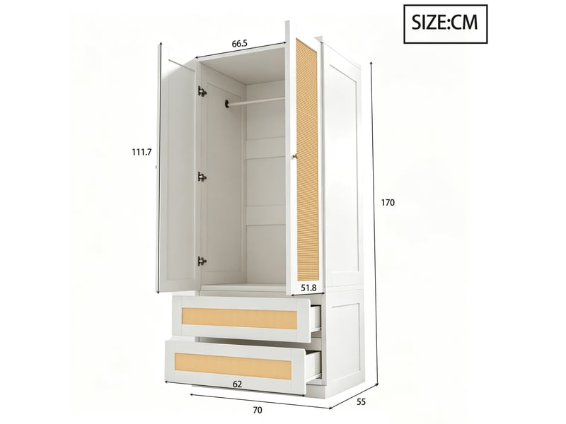  Armoire de chambre 70 x 55 x 170 cm avec tiroirs et étagères, façades imitation rotin, grande rangement, design moderne, blanc Sol Morn - Conforama C