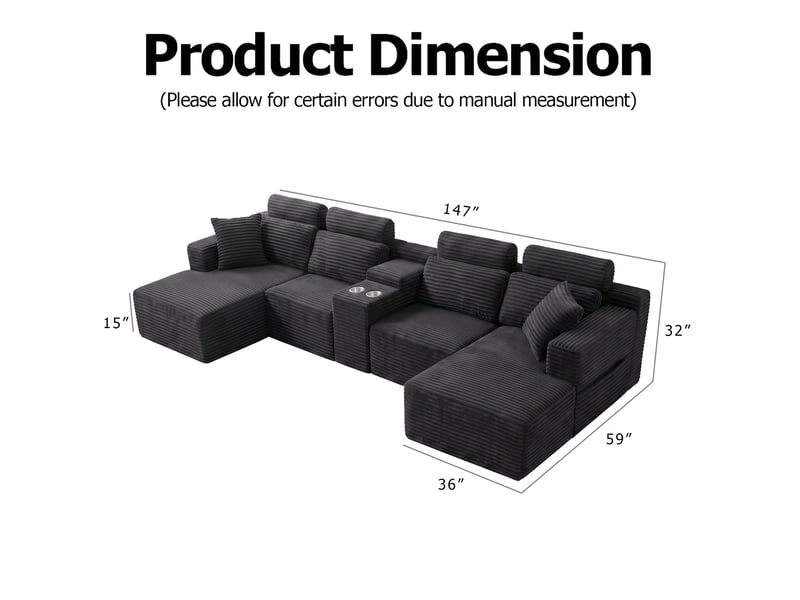  Canapé modulable en u 372 cm, canapé panoramique en velours côtelé, assise profonde, 2 porte-gobelets intégrés  - Conforama D