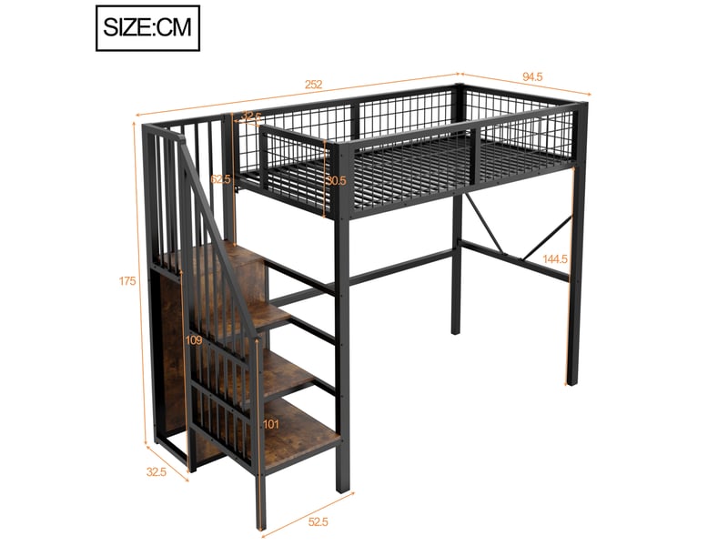  Lit mezzanine 90x200 cm avec échelle de rangement, éclairage led et barrière de sécurité, métal, noir, sans matelas  - Conforama C