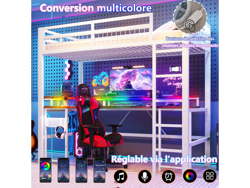  Lit mezzanine blanc 90×200 cm en fer et mdf, bureau, led multicolores, 1 usb, 1 usb-c, 2 prises et panneau perforé  - Conforama E