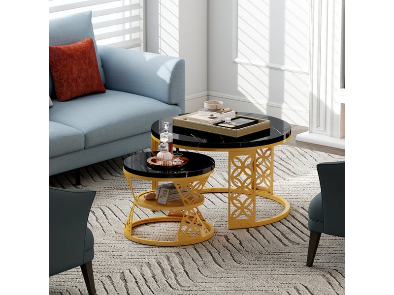  Table basse gigogne 2 pièces effet marbre noir et structure dorée homvra  - Conforama B