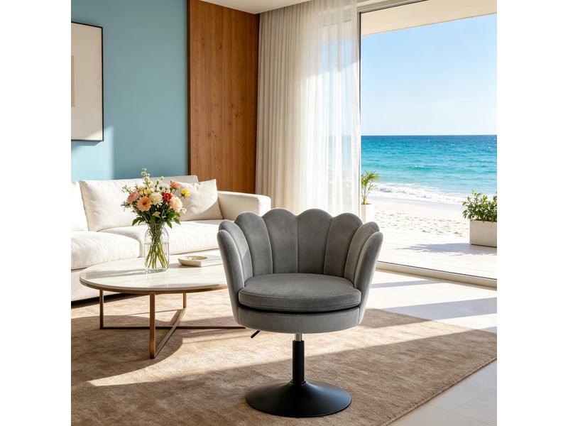  Fauteuil pivotant réglable avec accoudoirs, assise fleur en velours et métal gris foncé, 61,5 × 71-83 × 65 cm  - Conforama B