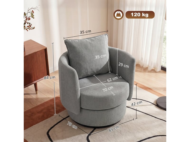  Fauteuil pivotant à 360 degrés avec coussin, assise à ressorts et base métallique, en polyester gris clair  - Conforama D