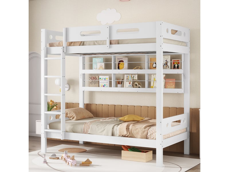  Lit superposé 90x200 cm pin massif et mdf blanc, barrières anti-chute, étagères ouvertes et grands rangements  - Conforama B