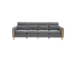 Canapé modulable 4 places en tissu gris clair avec 2 poufs de rangement, pour un salon familial bien organisé