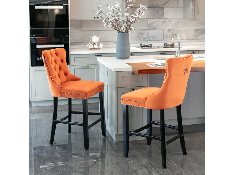  Tabourets de bar de2002og orange lot de 2 en velours capitonné avec pieds bois et clous chrome  - Conforama B