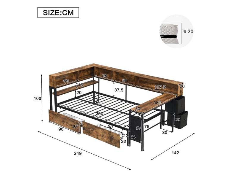  Lit simple 120 × 200 cm 1 place avec 2 tiroirs, prise de recharge et table latérale, sans matelas, noir naturel  - Conforama D