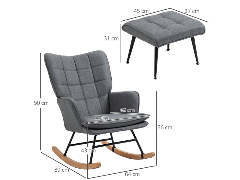Fauteuil à bascule avec repose-pieds, dossier haut rembourré et accoudoirs, en polyester gris, 64 × 89 × 90 cm - Conforama D