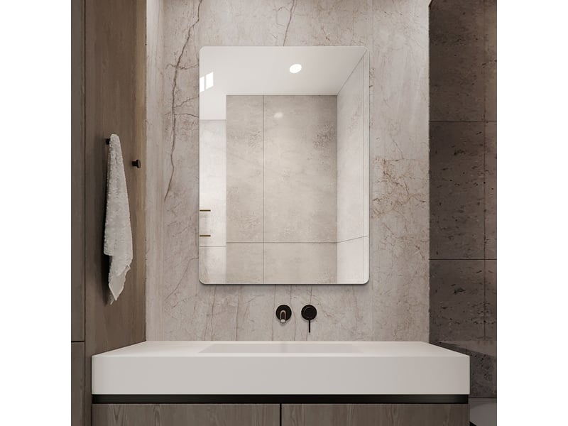 Miroir de salle de bains 70x50 cm - miroir mural rectangulaire sans cadre avec coins arrondis, verre hd et film de sécurité - Conforama E