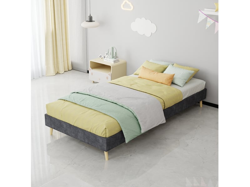  Modenvie cadre de lit 90x200 cm - revetement en tissu et pieds en bois, sans tete de lit - gris  - Conforama B