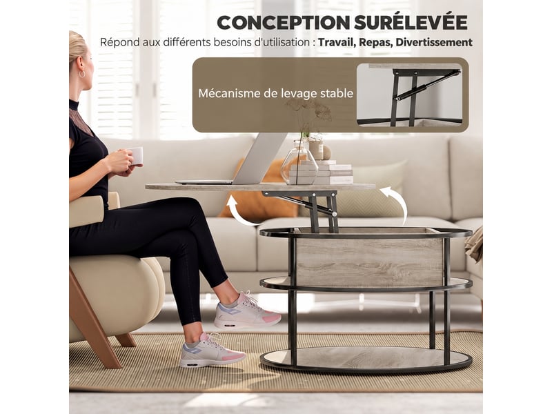  Table basse ronde à plateau relevable, coffre et étagères, structure acier, décor chêne et noir, ø 80 cm  - Conforama D