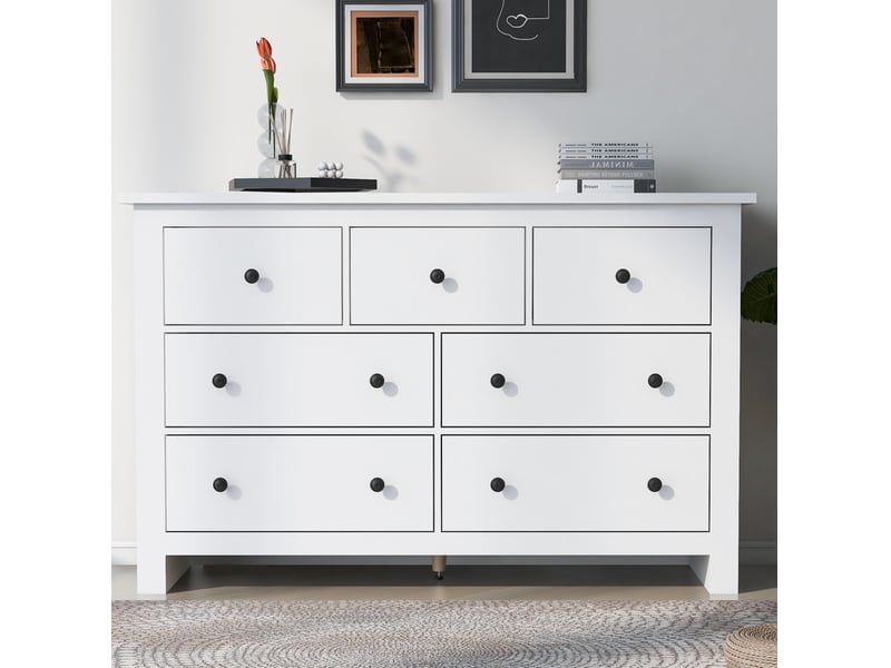  Commode 7 tiroirs 152x40x88,5 cm grande capacité, glissières soyeuses, style français, panneau de particules, blanc  - Conforama E