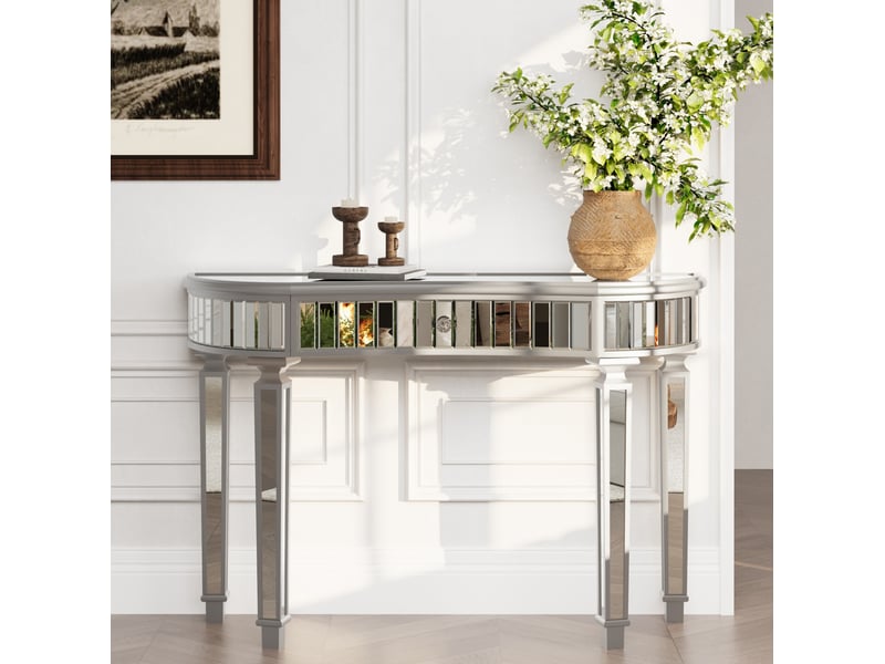  Console demi-lune avec tiroir à bouton facetté et verre cannelé, pour entrée ou chambre, gris argenté, 120 × 38 × 78 cm  - Conforama D