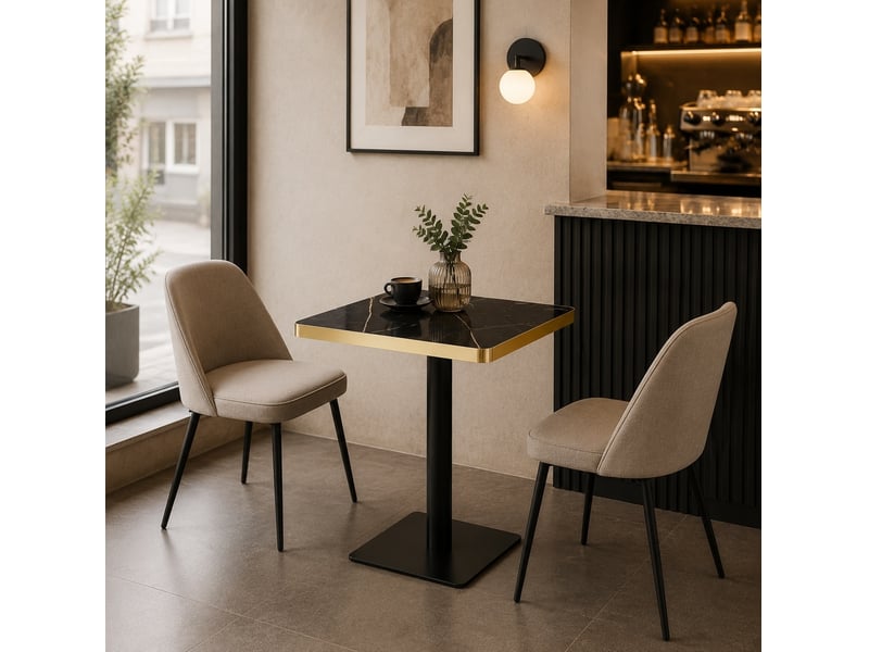 Table de salle à manger carrée pour 2 à 4 personnes, pied central métal et plateau effet marbre noir, 60 × 60 × 74 cm - Conforama B