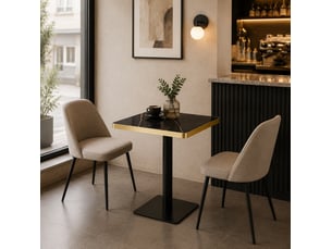 Table de salle à manger carrée pour 2 à 4 personnes, pied central métal et plateau effet marbre noir, 60 × 60 × 74 cm