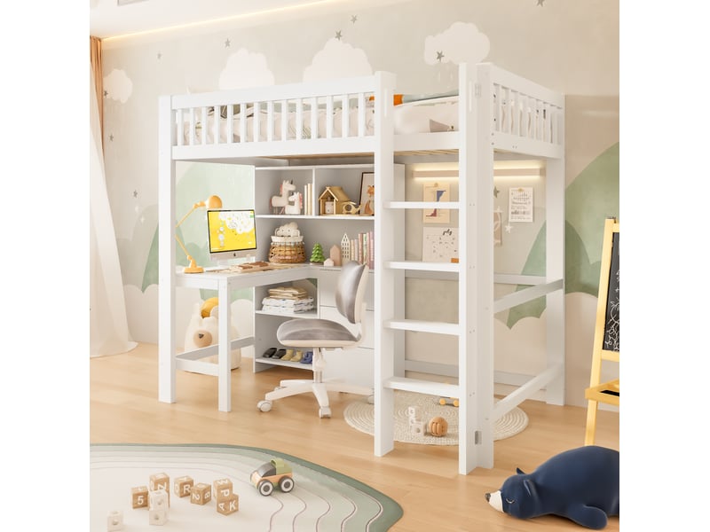  Lit mezzanine enfant 90x200 cm avec bureau et 3 tiroirs blanc  - Conforama D