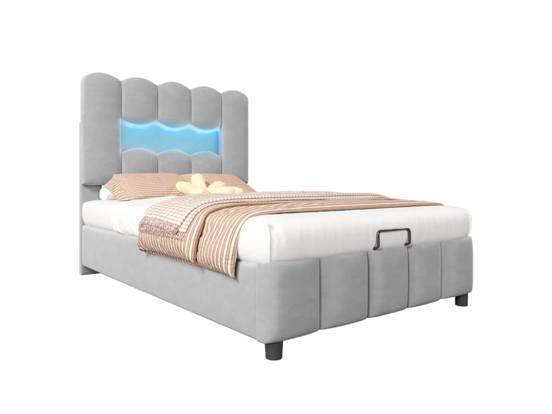  Lit rembourré 90 x 200 cm sans matelas, éclairage led, coffre hydraulique, tête réglable, velours gris  - Conforama A