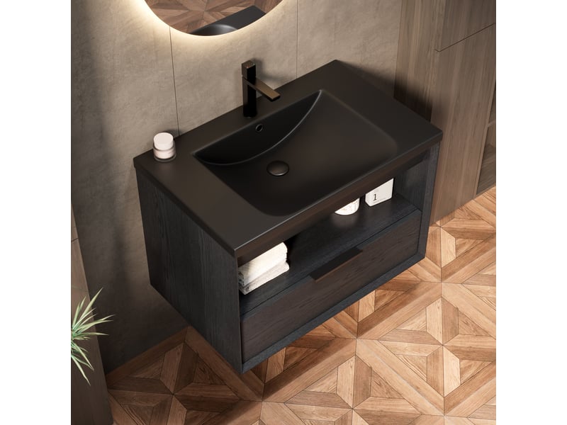  Meuble vasque suspendu 75 cm, vasque noire intégrée, tiroir, étagère, préassemblé, noir bois foncé  - Conforama E