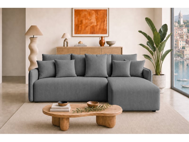  Portofino - canapé d'angle convertible petit velours côtelé 3 places gris foncé  - Conforama D