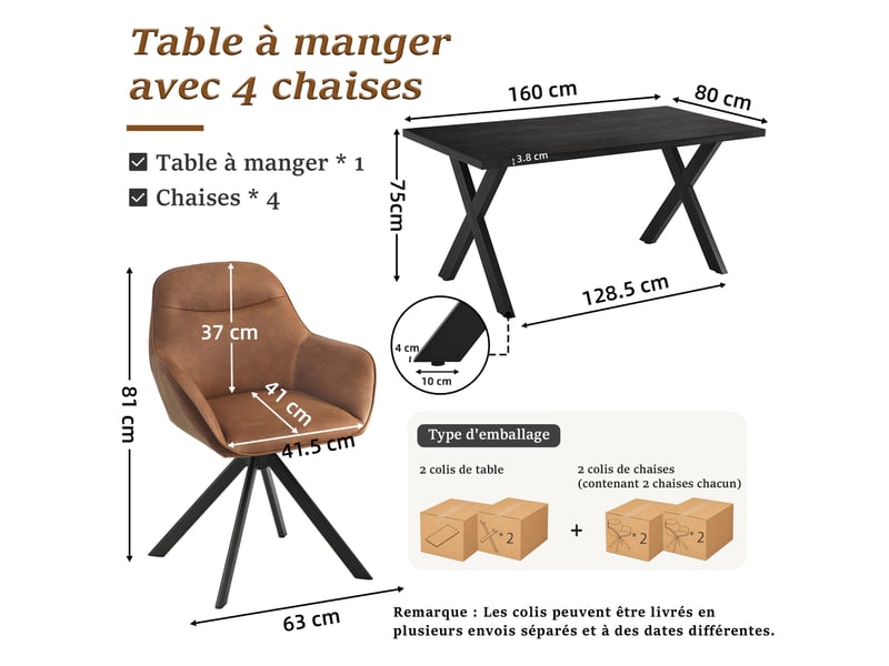 Ensemble table et 4 chaises - table rectangulaire 160x80 cm monobloc en chêne noir et pieds métal, 4 chaises en pu marron et pieds métal - Conforama C