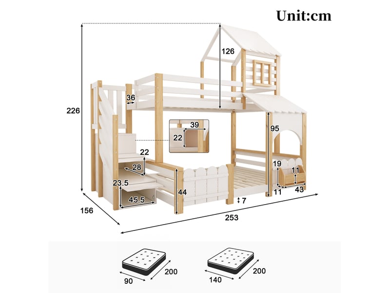  Lit superposé enfant 90140x200 cm cabane blanc et bois naturel  - Conforama C