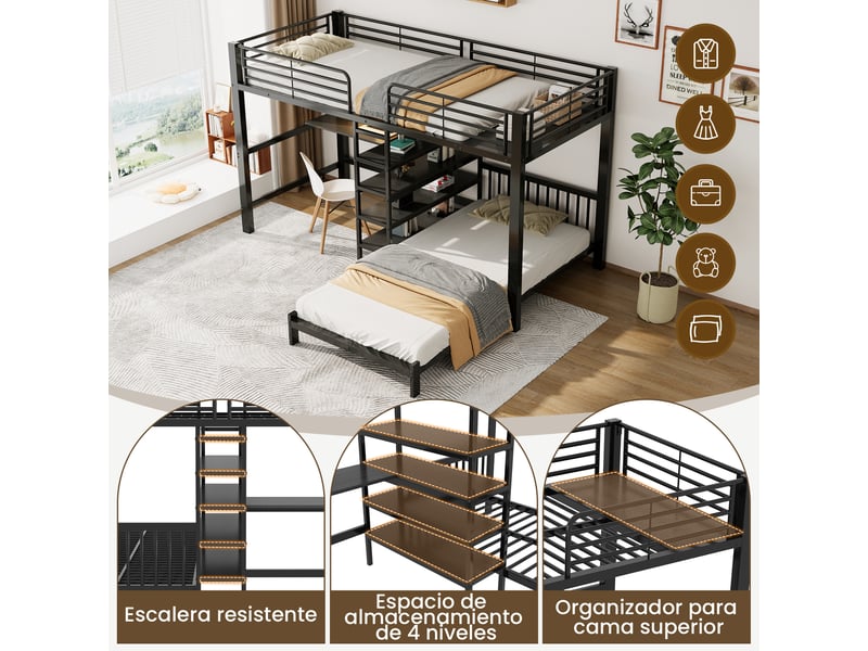  Lit mezzanine 2 places 90×200 cm avec bureau et rangements - okmyhome- usb et usb-c, sans matelas, noir  - Conforama D