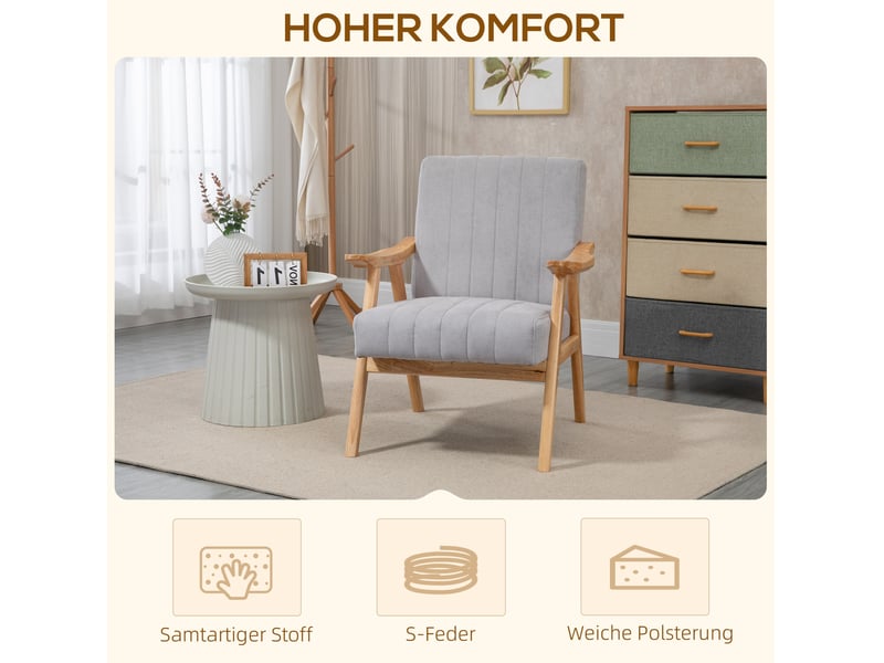  Fauteuil relax avec accoudoirs, dossier rembourré et ressorts en s, en polyester gris clair, 68 × 74 × 82 cm  - Conforama C