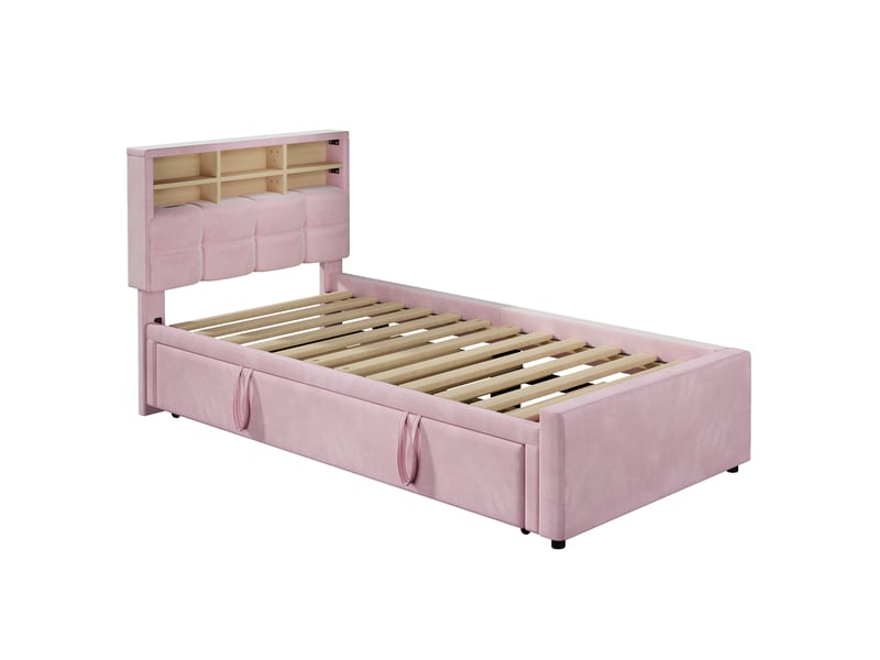 Lit de jour, 90 x 200 cm 180 x 200 cm, lit gigogne multifonctionnel, port de chargement usb type-c, compartiment de rangement ouvert, canapé-lit, lit une place, matelas non inclus, velours, rose - Conforama E