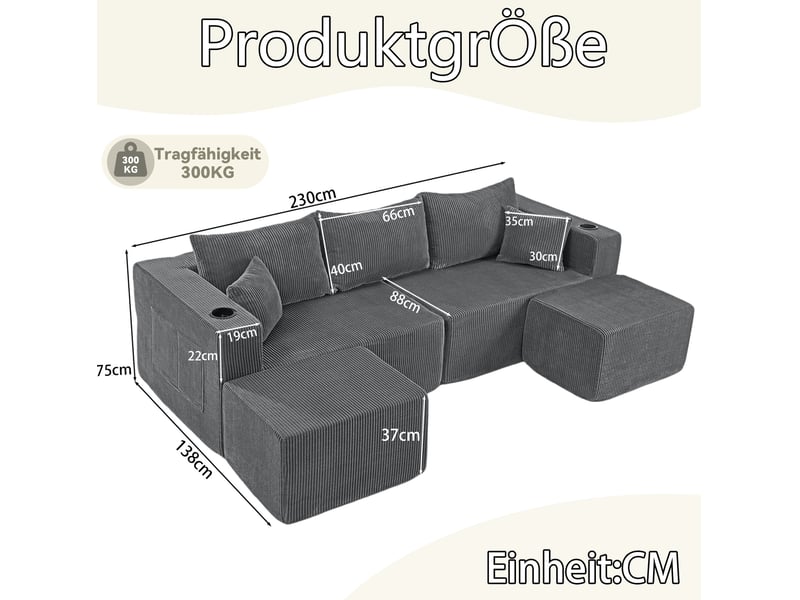 Canapé d'angle modulable modenvie 3 places gris 230 x 138 x 75 cm en velours côtelé avec ottomans mobiles, porte-gobelets, poches latérales et coussins - Conforama C