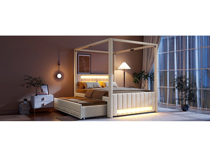  Lit à baldaquin rembourré 140x200 cm lit gigogne 3 tiroirs éclairage led beige  - Conforama E