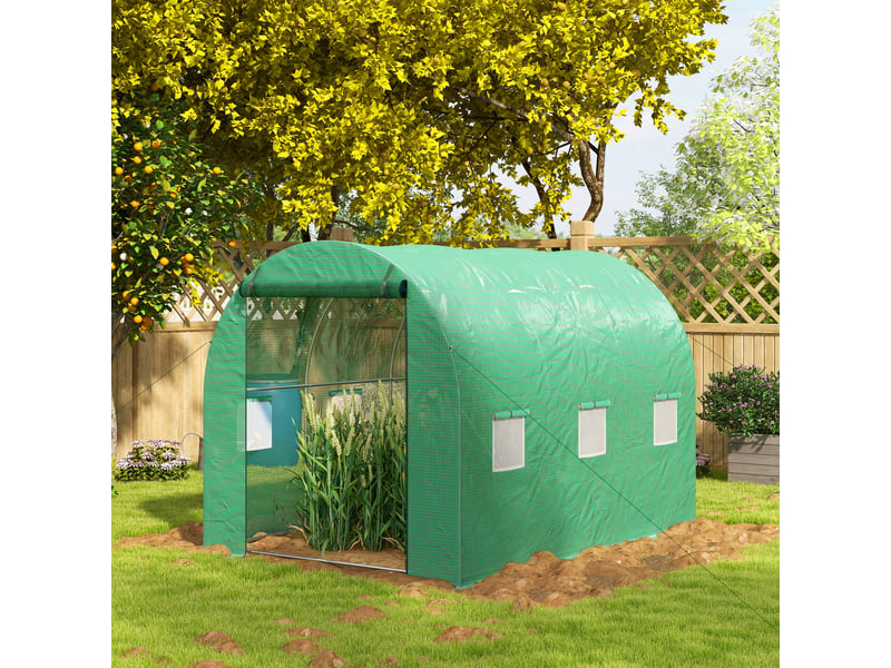  Serre de jardin tunnel 6 m² avec système d'arrosage intégré, 3l x 2l m 6 fenêtres porte enroulable vert  - Conforama D