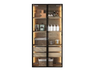 Armoire de salle de bain avec éclairage led, 2 tiroirs, 2 portes vitrées, 74 x 36 x 155 cm, mdf, bois clair