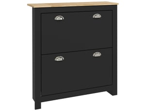 Armoire à chaussures 2 portes abattantes 2 compartiments poignées coquilles métal 79 x 23 x 90,5 cm noir chêne