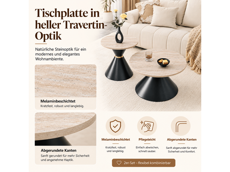 Lot de 2 tables basses rondes ø 7050 cm, plateaux effet travertin, table d'appoint, piètements coniques en métal noir et doré - noir et beige - Conforama E