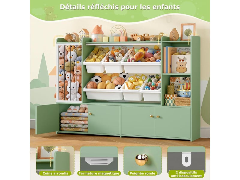  Meuble rangement enfant, bibliothèque enfant, 137,3x28x94cm,vert  - Conforama E