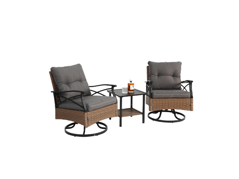  Salon balcon 3 pièces - fauteuils bascule pivotants en résine tressée, table verre  - Conforama A