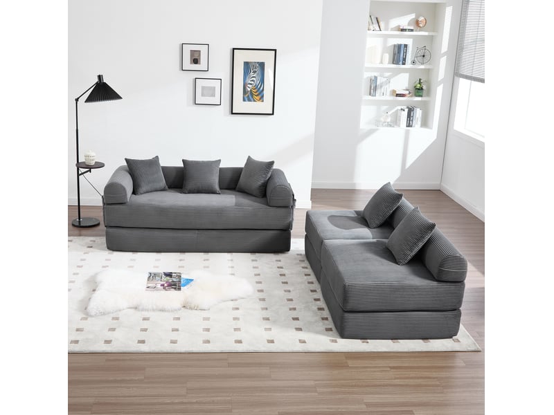 Canapé d'angle 4 places moderne 270x180x64 cm, modulable à volonté, poches, rangement, velours côtelé gris foncé - Conforama B